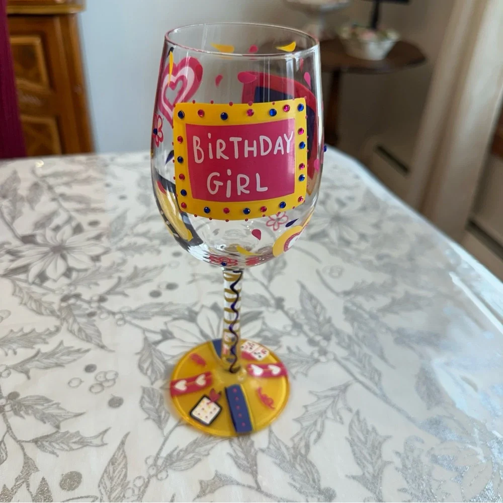 Lolita Hand painted Happy Birthday Girl wine glass, new excellent condition
